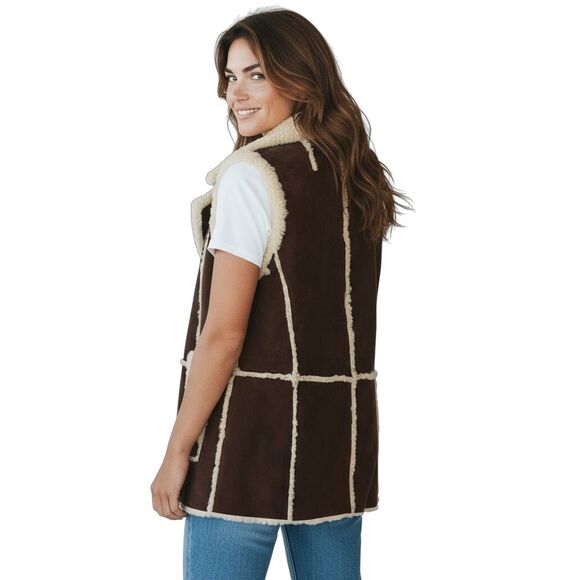 Michael Kors Brown Lambswool Vest Small Open Front, Longline, Cozy Fall/Winter - Picture 2 of 16